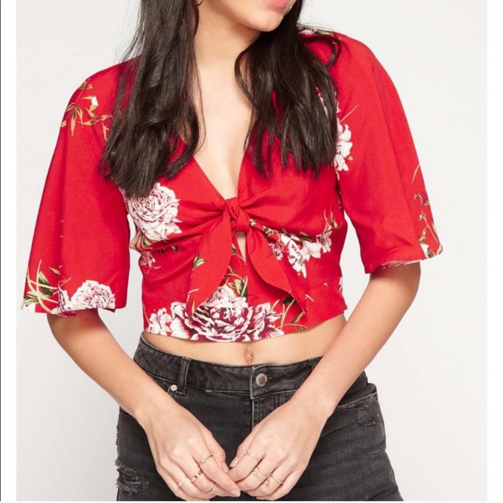 Miss Selfridge Red Floral Tie Front Angel Top
